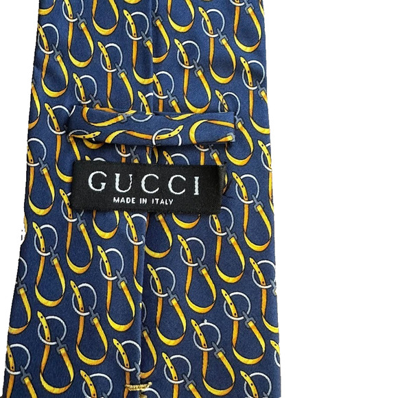 Gucci Designer Neck Tie Adult Mens Blue Gold 100% Silk Necktie Made Italy 3.5" - Picture 5 of 6
